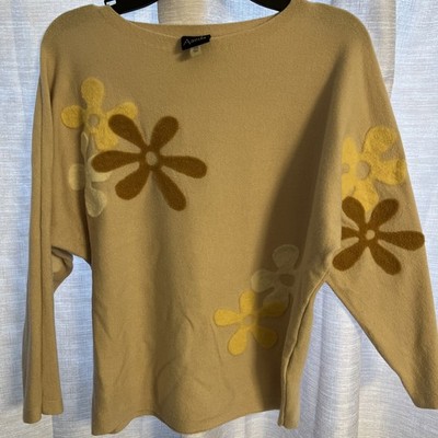 Aaeda Sweater Women's XS Beige Felted Floral Boho MCM Lightweight Hippie Neutral