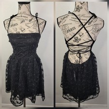 Lulus  Babydoll Mini Dress Sz M Floral Lace Layered Open Back Witchy Whimsygoth