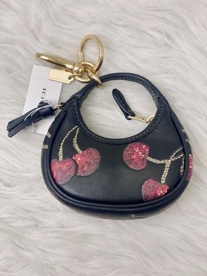 Coach Mini Carmen Bag Charm with Cherry Print Gold Black Red Multi