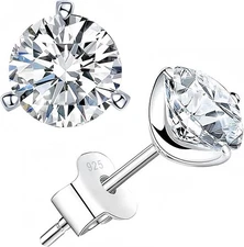 Moissanite 925 Silver 3 Prong Stud Earrings White Gold Plated Push Back 2CT