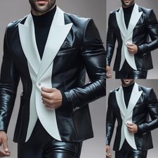 Splicing Leather Men's Suits Peak Lapel Casual Wedding Party Tuxedos Coat Pant