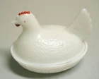 VTG Miniature Hazel Atlas White Milk Glass w/Red Comb Hen on A Nest Candy #12
