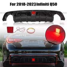 Rear Bumper Diffuser Lip W/ Brake LED For 2018 19-2023 Infiniti Q50 Glossy Black