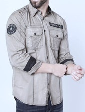 AFFLICTION KHAKI PROFUSE EMBROIDERED GRAPHIC LONG SLEEVE BUTTON SHIRT SZ M