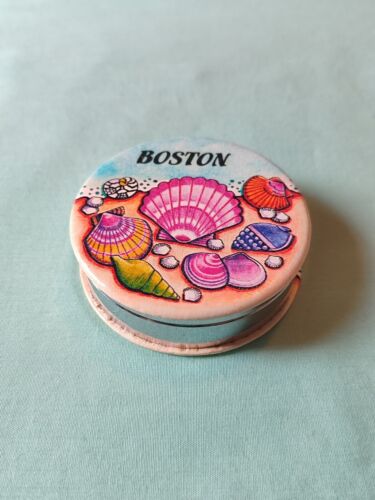 3 Chamber Metal Soft Top Round Pill Box Pink Blue Ocean Shells Boston Beach - Picture 1 of 10