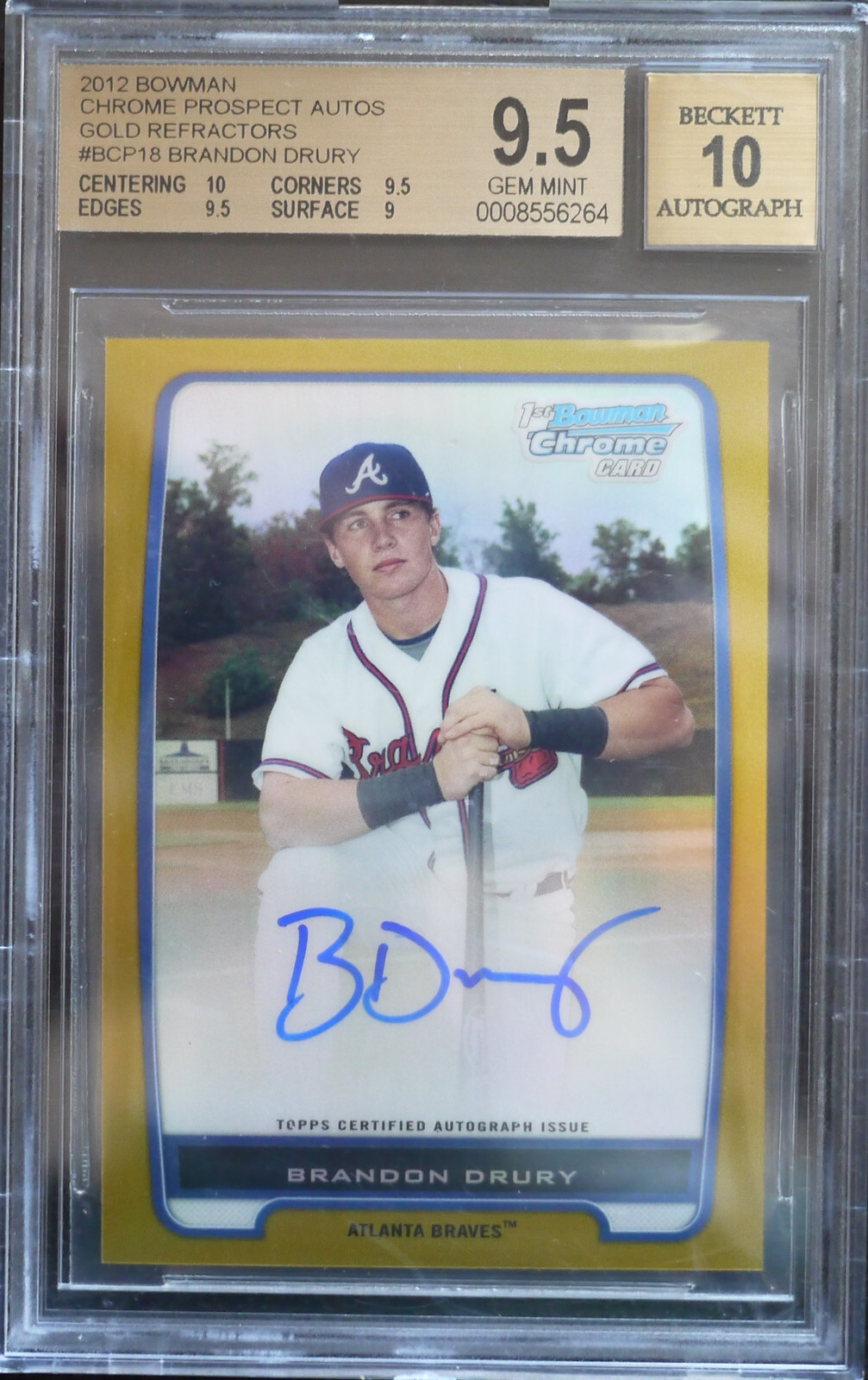 BGS 9.5 - 2012 BOWMAN CHROME BRANDON DRURY RC /50 GOLD REFRACTOR AUTO 10 w/10