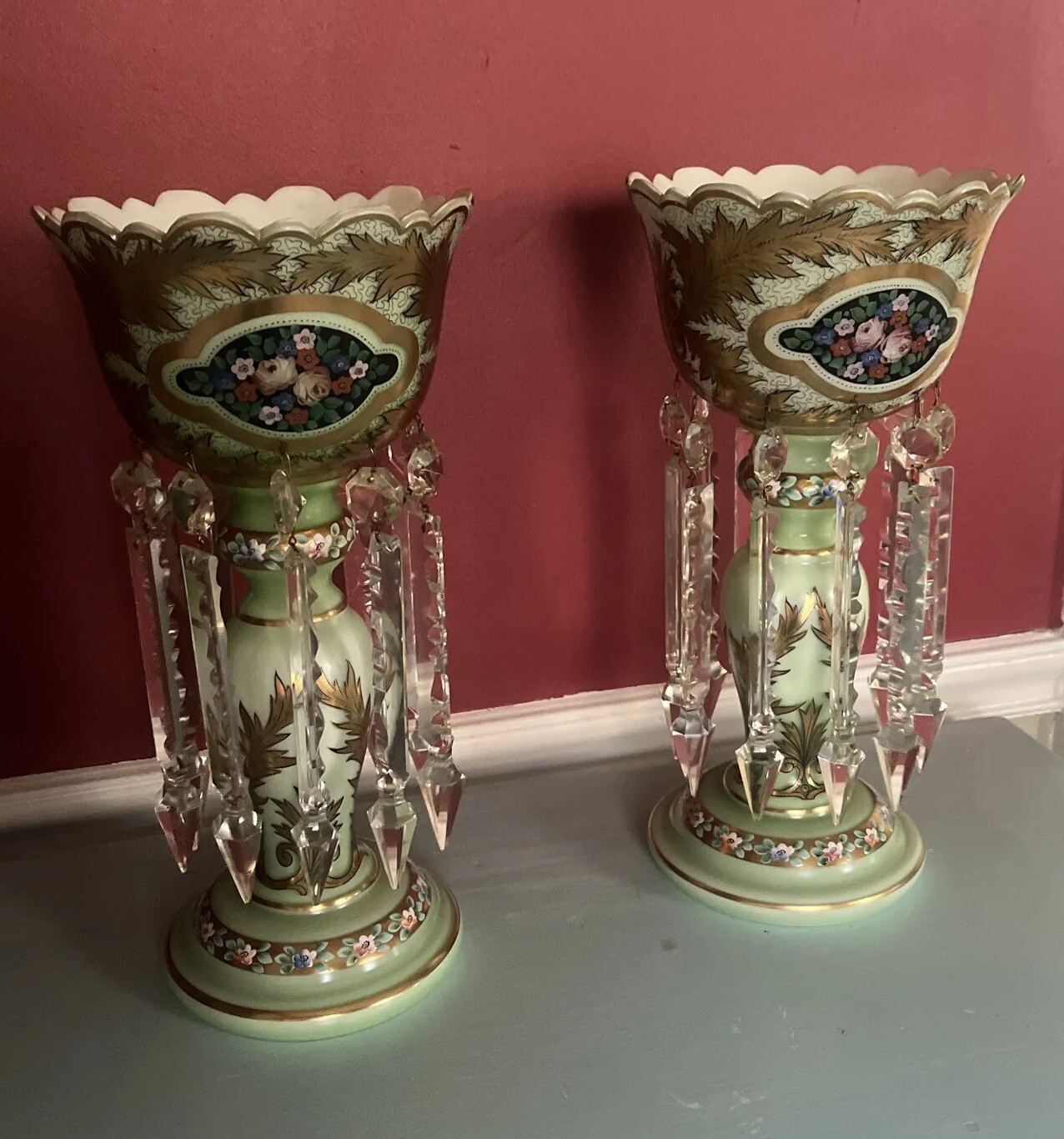 Antique Pair of Bohemian Green gilt & Encased Mantle Lusters Holders eBay