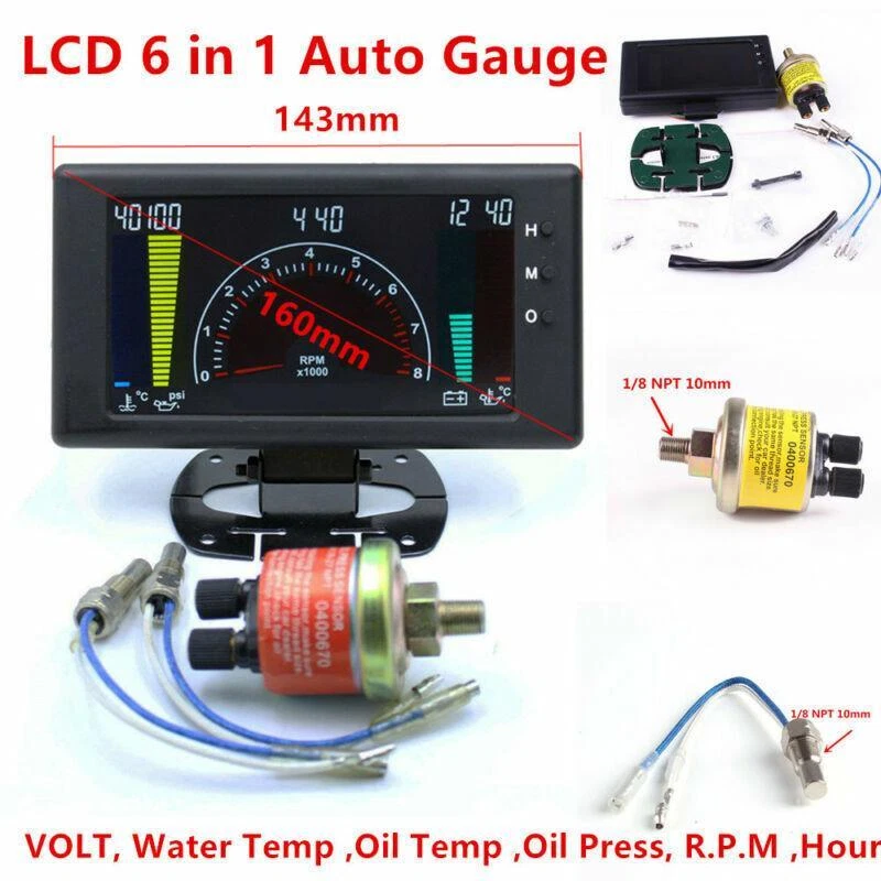 LCD Digital Car Auto Meter LED Oil Pressure Water Temp Gauge 6 in1 Multipurpose - Imagem 2 de 4
