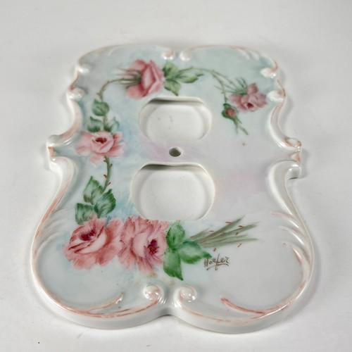 Piatto copri uscita duplex vintage dipinto a mano rose rosa porcellana firmato Hoefer - Foto 2 di 11