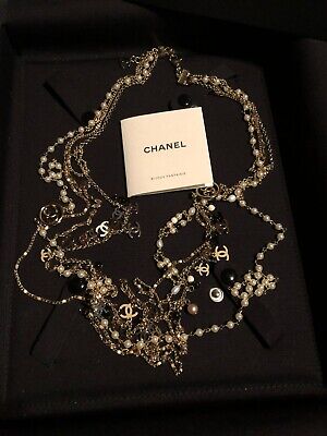 CHANEL Necklace Chain AUTH Coco Mark Logo Fake Pearl Gold Vintage Black F/S  A93