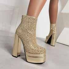 Fashion Women's Sequins Square Toe Zip Ankle Boots Block Heels Dress Party Shoes