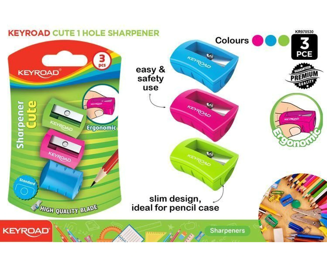 3Pce Keyroad Sharpener Set Cute 1 Hole Standard Design Ergonomic School