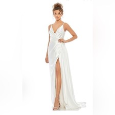 Mac Duggal White Satin Gown NWT Size 2 Style 12443 Formal Bridal Evening Dress