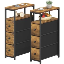 Narrow Night Stand Set 2 - Skinny Nightstands with Drawers Slim Bedsides Tabl...