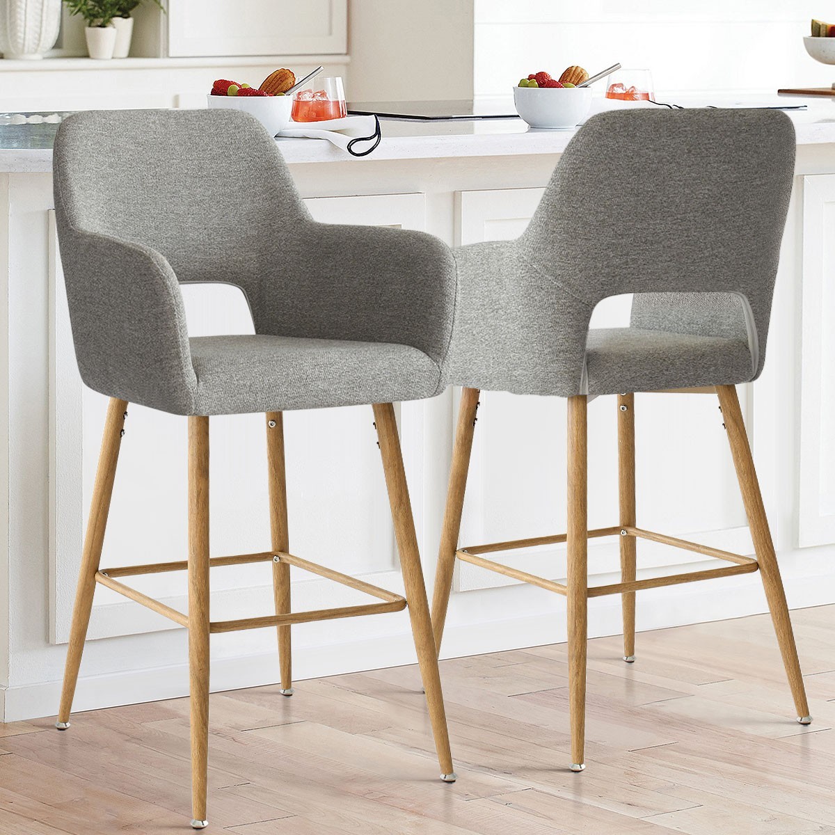 2pcs Upholstered Bar Stool Mid-Century Counter Height Bar Chair with legs&Arms