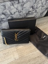 Saint Laurent YSL Black Leather Chain Wallet Crossbody Gold Hardware
