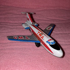 Diecast Tin Boeing 727 Commercial Airliner Red White Blue Silver Toy