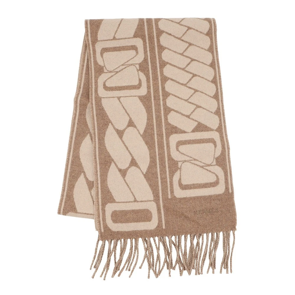 Hermes — HERMES Cashmere Scarf Clic Se Nue Cashmere100% Marron Grasset/Craie