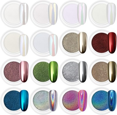 16 Jars Chrome Nail Powder Kit Aurora Mirror Effect Holographic Pigment Set