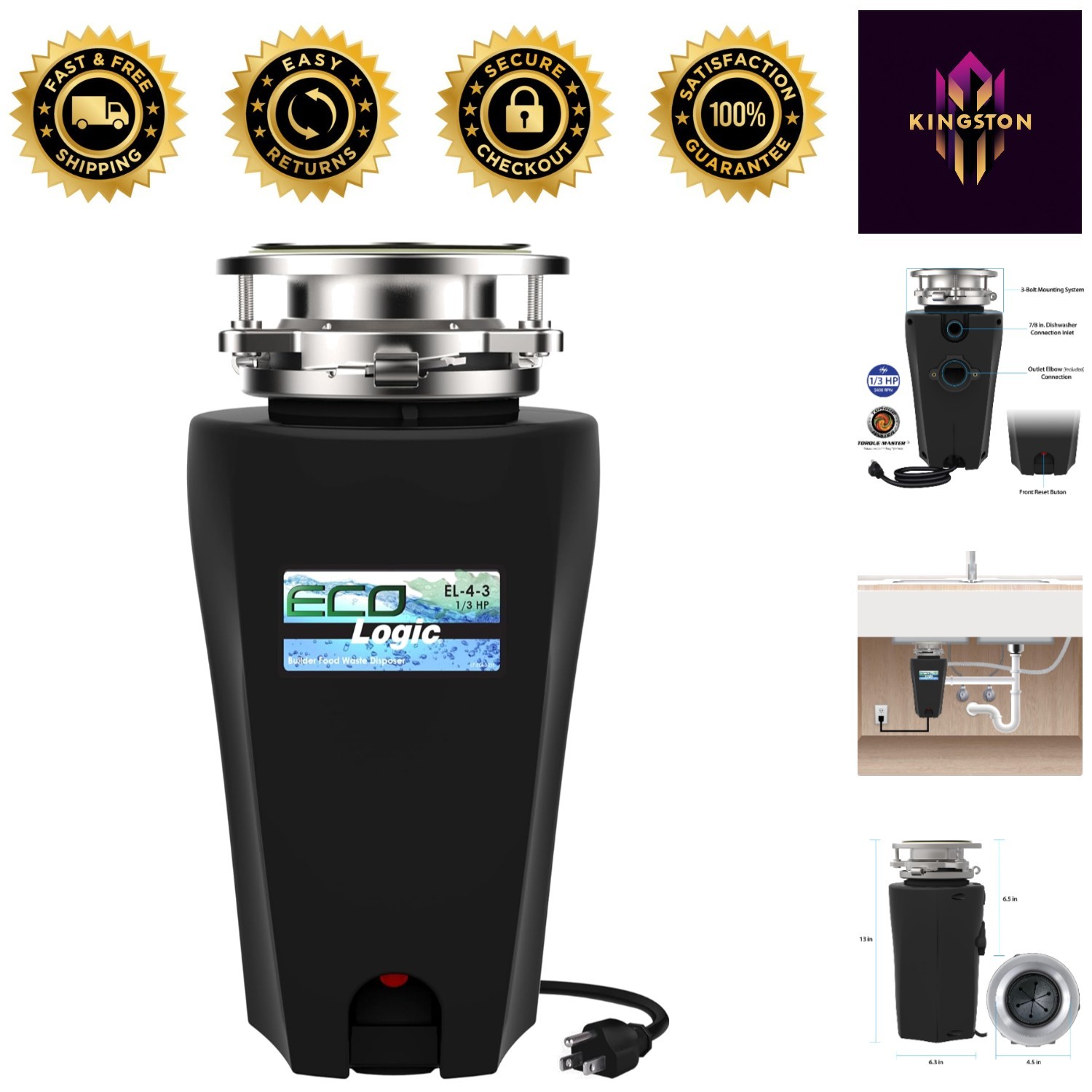 Quiet 1/3 HP Food Waste Disposer with Removable Splash Guard and 3-Bolt Mount