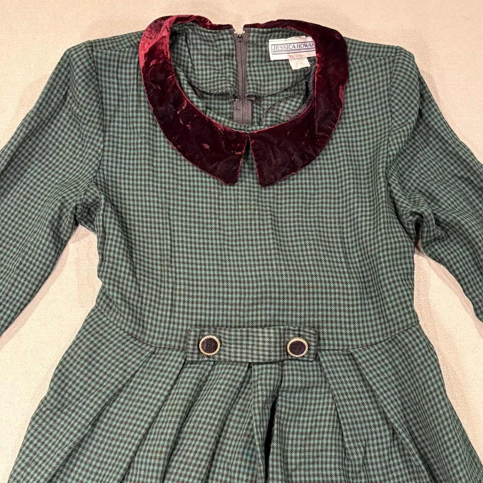 Vestido vintage Jessica Howard para mujer 16 verde pata de gallo terciopelo Peter Pan años 90 Foto 4 de 4