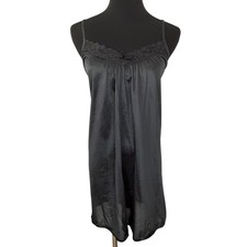 Vintage 80s Black Lace Satin Slip Dress Mini WhimsyGoth Coquette Womens L Y2K
