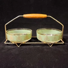 Vintage Jeanette 22k Gold And Green Laurel Lyre Pattern 2 Dish Set With Caddy
