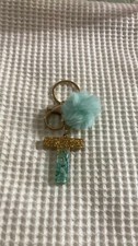 Letter T Gold Fluffy Pom Pom Keychain Bag Charm Key Ring Green Resin