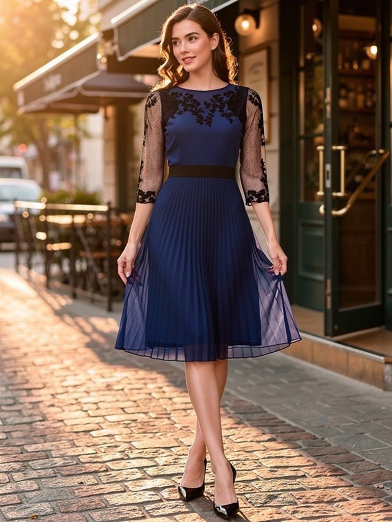 KAREN MILLEN UK10 EU38 US6 Blue Black Pleated Lace Fit & Flare