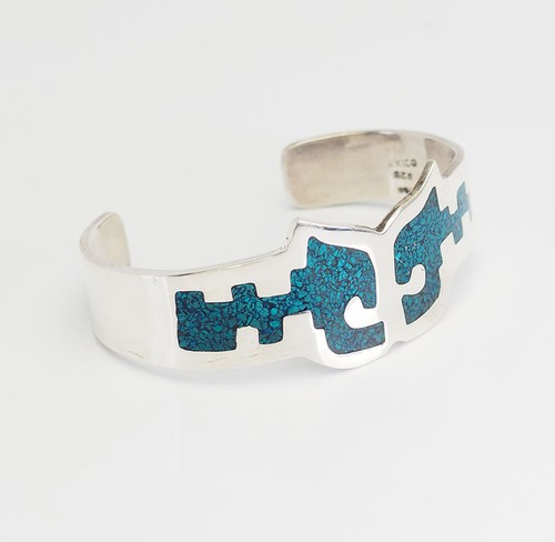 Heavy vintage traditional sterling silver inlaid turquoise cuff bracelet Taxco