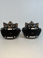 Black Cat Ceramic Candy Bowl Halloween Decor Open Mouth Teeth 2 Count