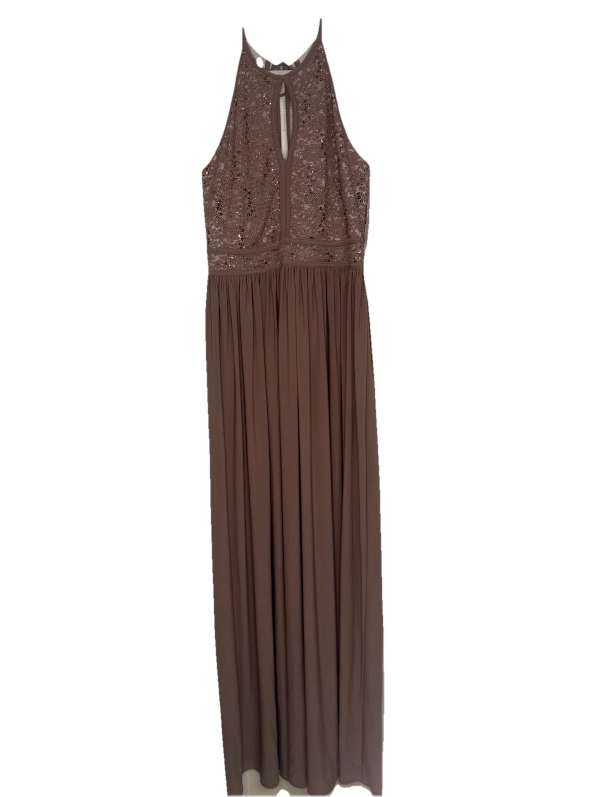 Morgan & Co Taupe Sequin Lace Halter Formal Gown Prom Dress Size 10 NWT
