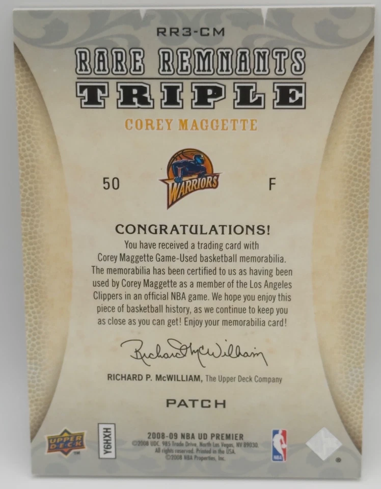 Camiseta deportiva UD Premier Rare Remnants Triples 2008-09/50 parche triple Corey Maggette Foto 2 de 2