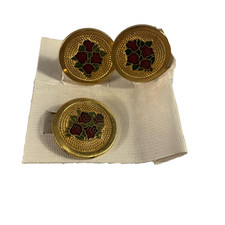 Vintage Gold Tone Red Roses Enamel Cufflinks Tie Pin Set Mens Floral Round