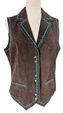VTG Embroidered Leather Suede Vest Ladies L Brown/Turquoise Western Cowgirl