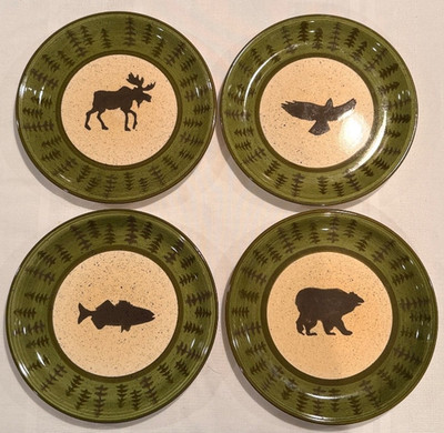 Libbey RUSTIC LODGE 8.5'' Salad Plate Set 4 Green Brown Moose Eagle Fish Bear