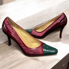 VTG Gucci Colorblock Heels Size 7M Wine Mesh Patent Green Leather Cap Toe Italy