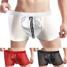 Red Faux Leather Low Rise Zip Briefs Boxer Trunk See Through Underwear