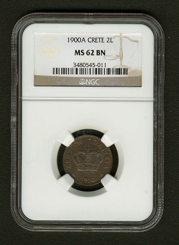 CRETE (GREECE) KINGDOM  1900-A  2 LEPTA COIN, CERTIFIED NGC MS62-BN