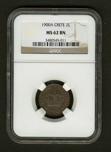CRETE (GREECE) KINGDOM 1900-A 2 LEPTA COIN, CERTIFIED NGC MS62-BN