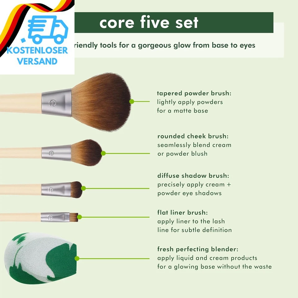 Ecotools Core Five Make-Up-Pinsel- Und Schwamm-Set, Für Lidschatten, Rouge, Bron - Bild 3 von 4