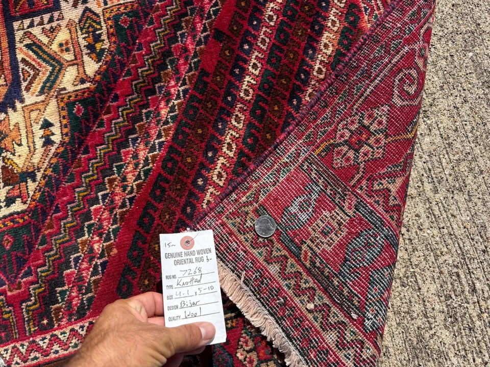 4x6 ANTIQUE ORIENTAL RUG HANDMADE blue red green geometric vintage handwoven ft - Image 2 of 4