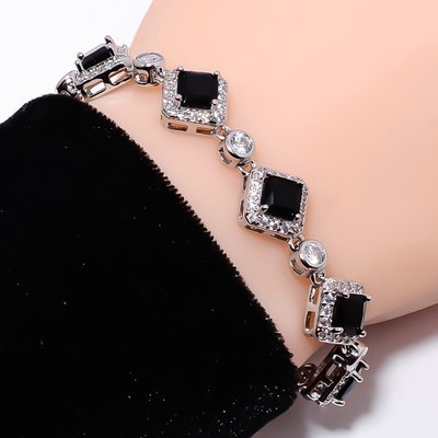 Black Onyx, CZ 925 Sterling Silver Adjustable Bracelet 7-8'' B141124