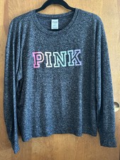 VICTORIA'S SECRET PINK COZY LONG SLEEVE SLEEP TEE PJ TOP MEDIUM GRAY/BLACK