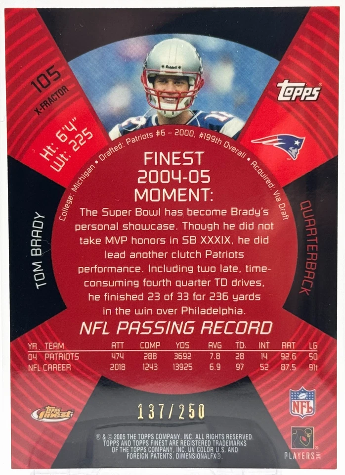 2005 Topps Finest Tom Brady Xfractor /250 Patriots - Image 2 of 2
