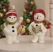 Bethany Lowe Christmas Set of 2 Caroling and Lighting the Way Snowman Fgurines