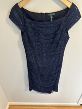 Lauren Ralph Lauren Evening Dress Navy Sequin Off Shoulder Ruched Cocktail 14