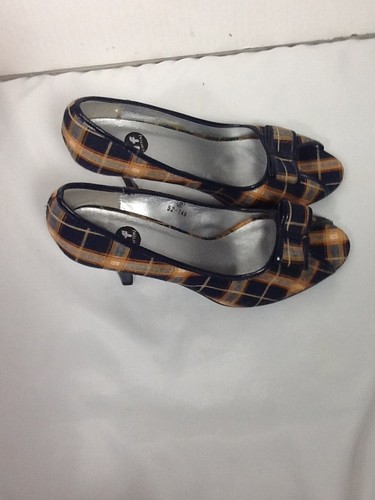 St729 Delicious If Carrini Women's Yellow/Blue Plaid Open-Toed Stilettos Size 9 - Picture 7 of 12