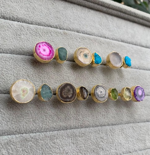 Natural Raw Rough With Solar Quartz Gold Plated Collet Statement Adjustable Ring - Picture 3 of 11