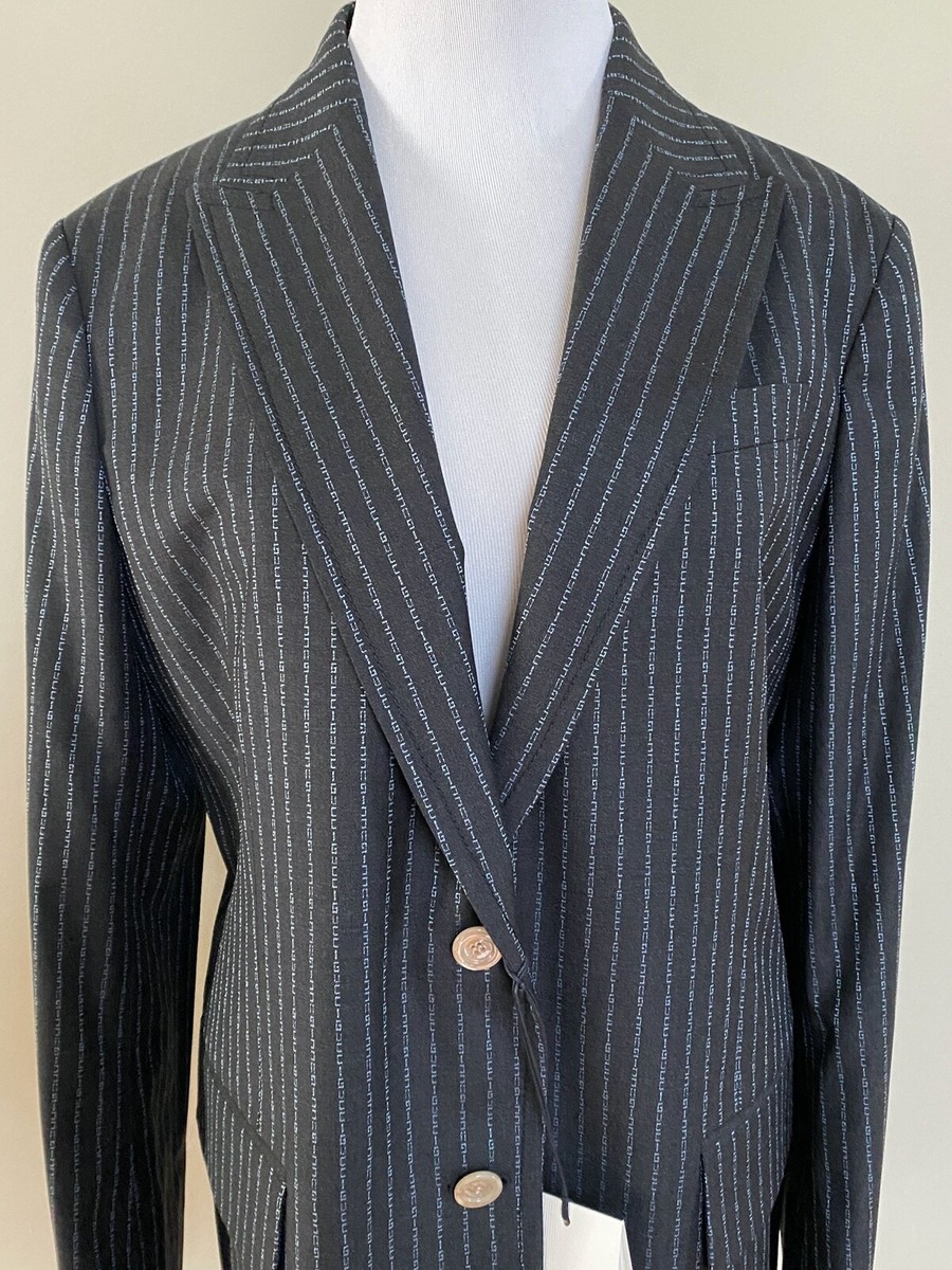 NWT Gucci Lettered Logo Pinstripe Dark Gray Wool Blue Blazer